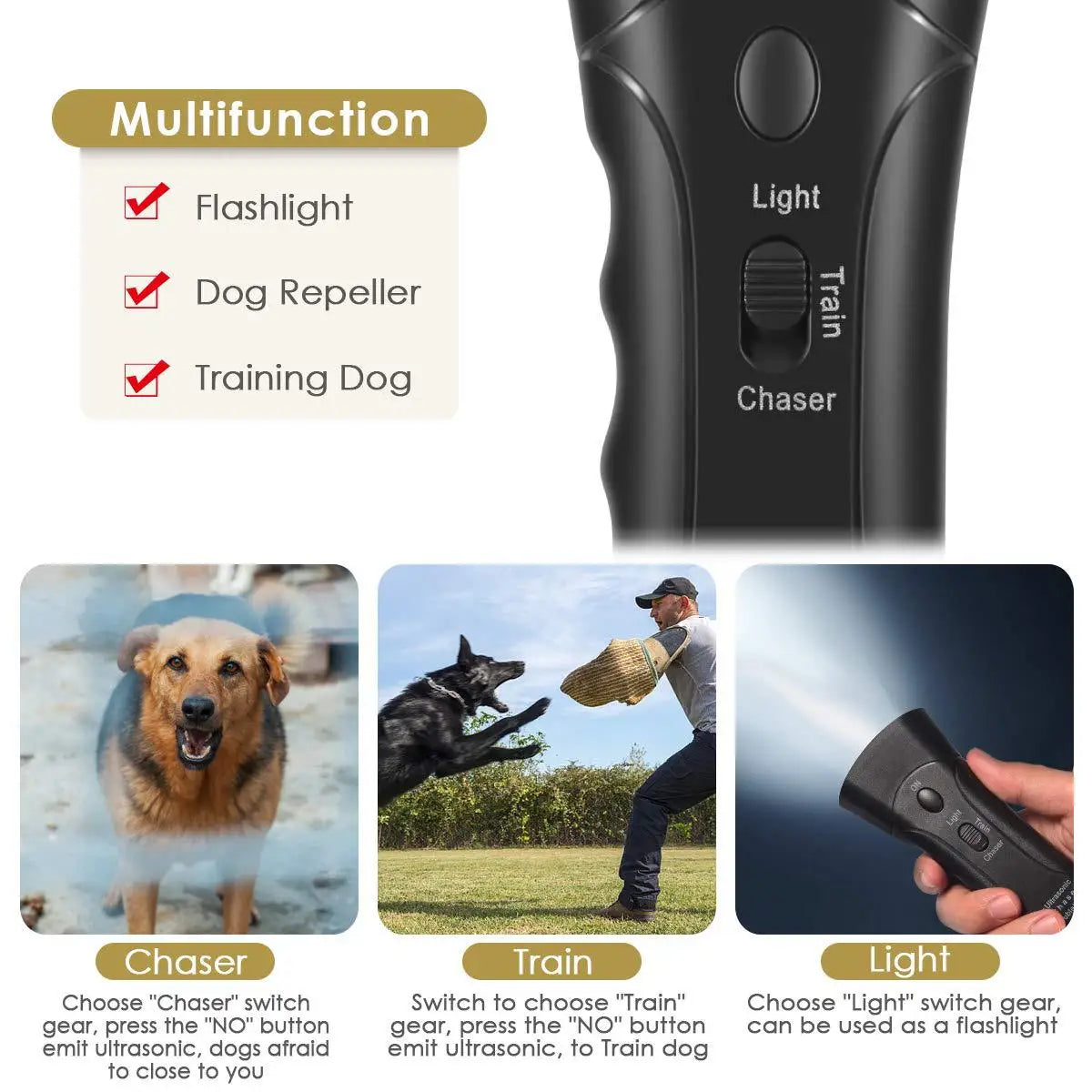 Ultrasonic Dog Bark Deterrent with LED Flashlight